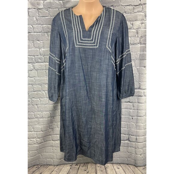 J. Jill Dresses & Skirts - J. Jill Pure Jill Indigo 2X Whipstitched Embroidered Dress Chambray Tencel Blue